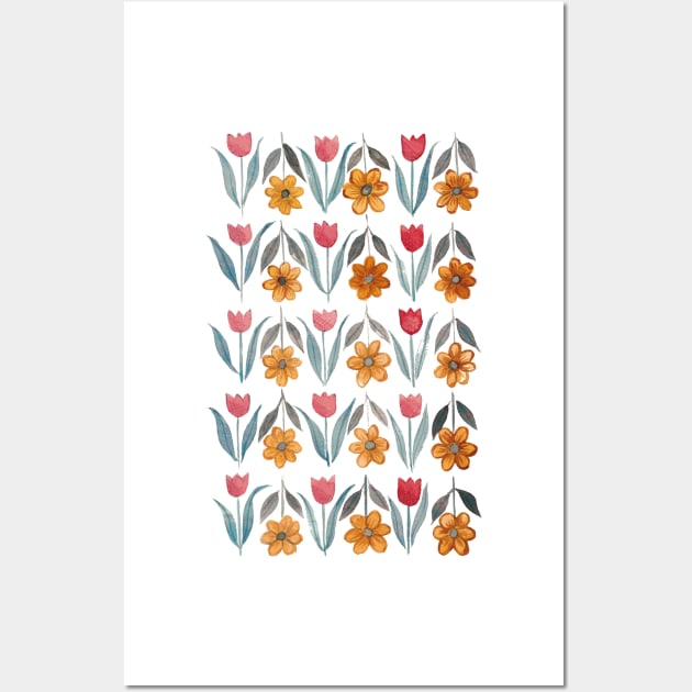 Tulips and Daisy pattern Other way Wall Art by Kellykubellyboo